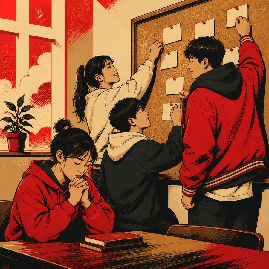 게시판에 이름 카드를 붙이고 함께 기도하는 청소년들 일러스트