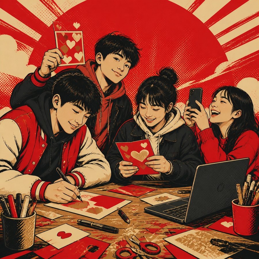 AI로 초대장 홈페이지를 만드는 청소년들 일러스트
