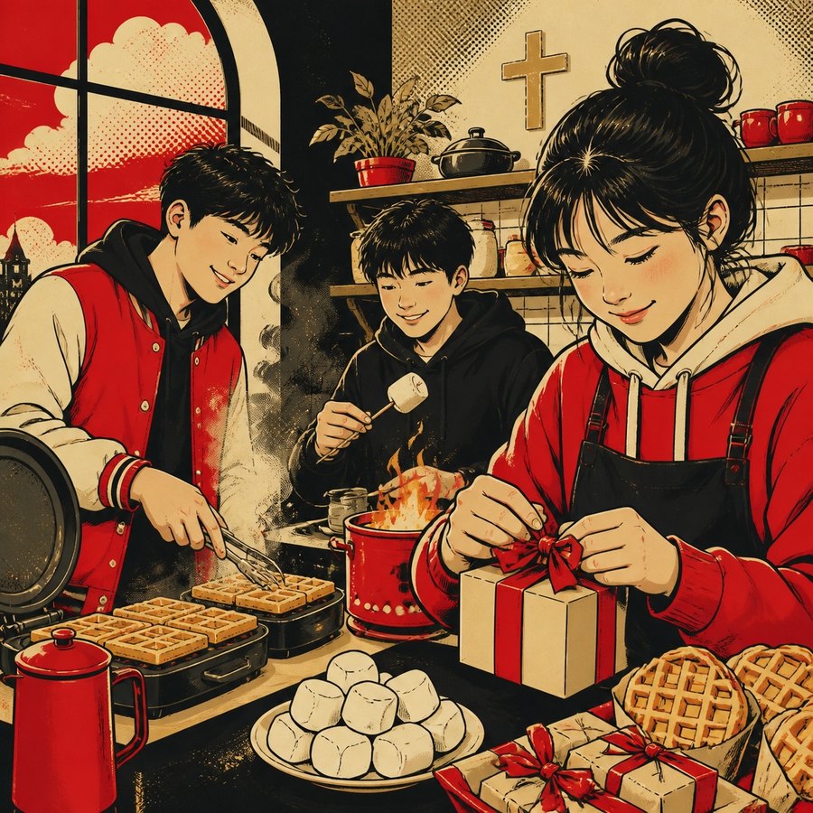 와플과 마시멜로 간식을 만들어 포장하는 중등부 일러스트