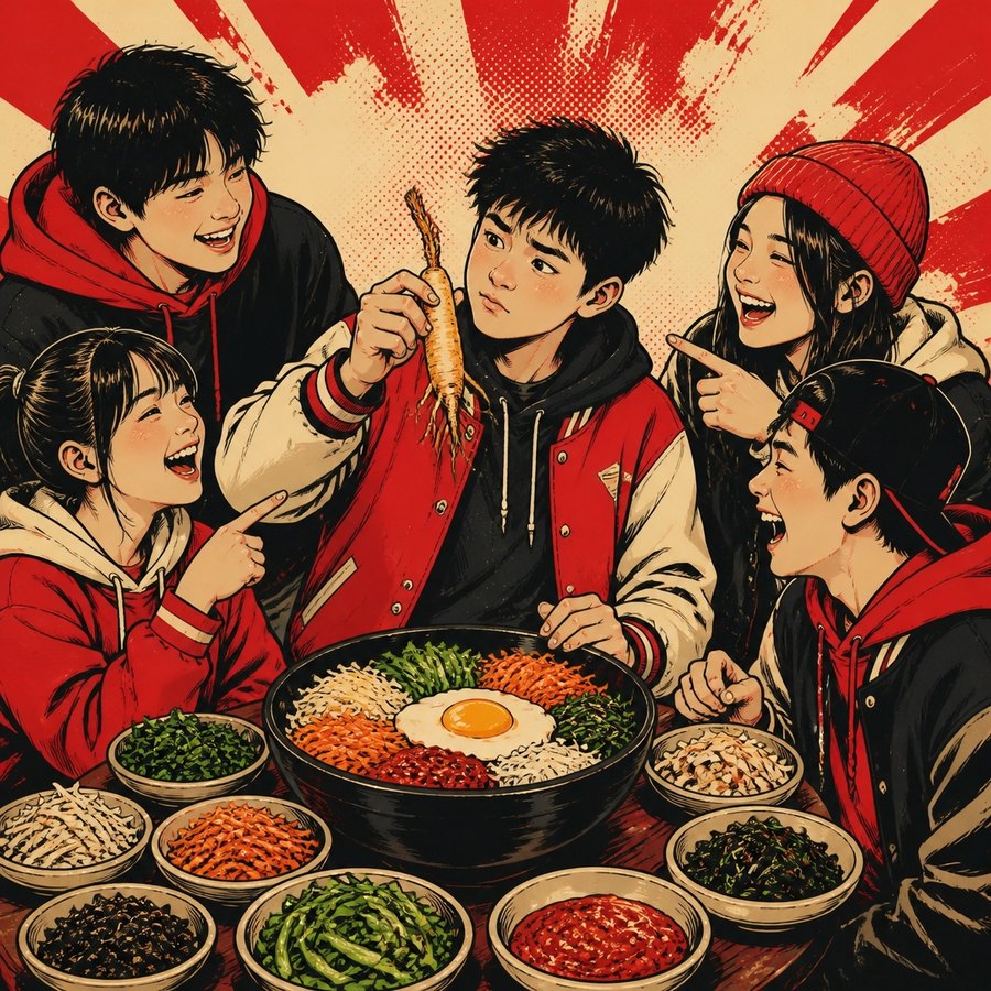 비빔밥 재료 게임을 하는 고등부 일러스트